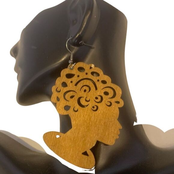 Wooden Jerry Curl Afrocentric Earrings - Picture 1 of 3